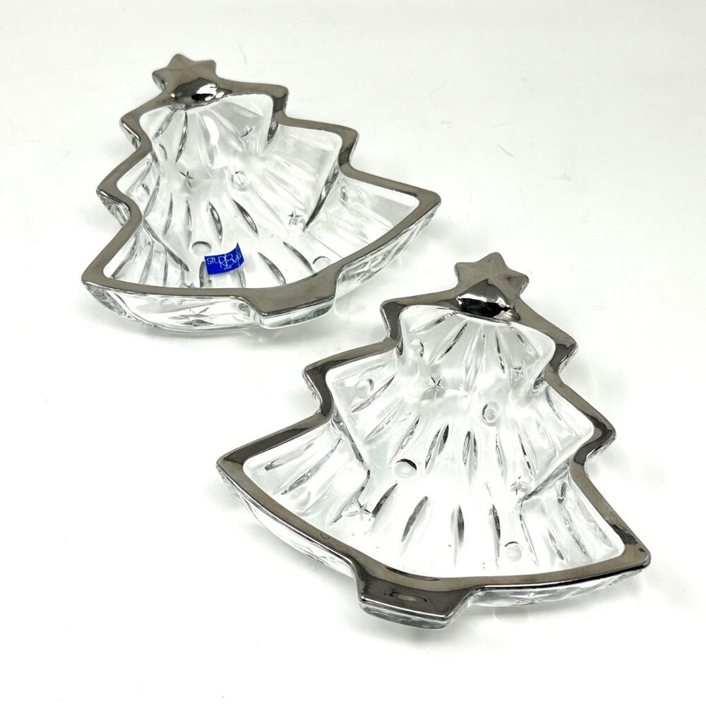 Vtg. Studio Nova Japan Yuletide Spirit Glass Candy Dishes Christmas Tree Silver